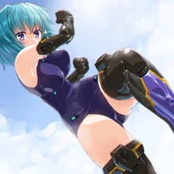 Rule 34 | 1girl, black gloves, black thighhighs, blue hair, blush, breasts, covered navel, dd (ijigendd), elbow gloves, frame arms girl, gloves, highres, hresvelgr, large breasts, mecha musume, one-piece swimsuit, purple eyes, school swimsuit, short hair, solo, swimsuit, thighhighs