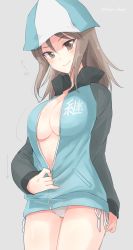 Rule 34 | 10s, 1girl, arrow (symbol), blue hat, blue jacket, breasts, brown eyes, brown hair, cleavage, closed eyes, closed mouth, clothes writing, girls und panzer, grey background, hat, heart, highres, hinase (twoxout), jacket, large breasts, lips, long hair, long sleeves, looking at viewer, mika (girls und panzer), motion lines, no bra, no pants, panties, partially unzipped, ribbon, side-tie panties, simple background, smile, solo, thighs, track jacket, translation request, underwear, undressing, unzipping, white panties, white ribbon, zipper