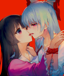 Rule 34 | 2girls, ainy, artist name, black hair, blush, bound, bound wrists, bow, bowtie, collarbone, commentary request, crying, crying with eyes open, eye contact, frilled sleeves, frills, fujiwara no mokou, hair between eyes, hand up, houraisan kaguya, imminent kiss, long hair, long sleeves, looking at another, multiple girls, open mouth, pink eyes, pink shirt, red background, rope, shirt, sidelocks, silver hair, simple background, suspenders, tears, touhou, twitter username, upper body, white bow, white neckwear, white shirt, wide sleeves, yuri