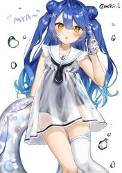 Rule 34 | 1girl, :o, amamiya kokoro, bare arms, blue hair, blush, bottle, braid, braided bun, commentary request, covered navel, double bun, dress, fang, feet out of frame, hair bun, hair ornament, highres, holding, holding bottle, holding swim ring, innertube, long hair, looking at viewer, meibi 1, nijisanji, one-piece swimsuit, open mouth, ramune, sailor collar, sailor dress, school swimsuit, see-through, see-through dress, short dress, simple background, single thighhigh, skin fang, sleeveless, sleeveless dress, solo, swim ring, swimsuit, swimsuit under clothes, thighhighs, twitter username, two side up, virtual youtuber, water drop, white background, white dress, white thighhighs, x hair ornament, yellow eyes