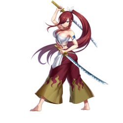 Rule 34 | 1girl, artist request, barefoot, breasts, brown hair, chest sarashi, cleavage, collarbone, dual wielding, erza scarlet, fairy tail, full body, hair over one eye, holding, holding sword, holding weapon, katana, large breasts, long hair, looking at viewer, midriff, official art, pants, ponytail, red hair, sarashi, sleeveless, smile, solo, standing, sword, tattoo, transparent background, valkyrie connect, very long hair, weapon