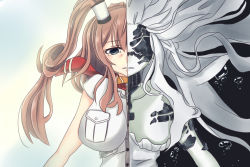 Rule 34 | 10s, 2girls, absurdly long hair, abyssal jellyfish princess, abyssal ship, ame kami chisato, blue eyes, breast pocket, breasts, brown hair, cleavage, colored skin, contrast, dress, floating hair, hair between eyes, kantai collection, large breasts, long hair, multiple girls, neckerchief, one eye covered, open mouth, pocket, ponytail, red neckerchief, saratoga (kancolle), side ponytail, split theme, very long hair, white dress, white hair, white skin