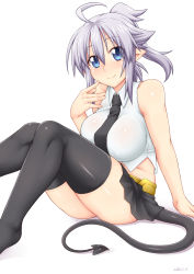 Rule 34 | 1girl, ahoge, alumina, arm support, bare shoulders, black thighhighs, blue eyes, breasts, bridal gauntlets, dated, demon tail, highres, large breasts, looking at viewer, midriff, original, pleated skirt, pointy ears, ponytail, sidelocks, silver hair, simple background, sitting, skirt, smile, solo, tail, thighhighs, white background, zin (goraku hiroba)