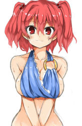 Rule 34 | 1girl, breasts, female focus, hair bobbles, hair ornament, highres, large breasts, looking at viewer, morino harifu, nude, onozuka komachi, red eyes, red hair, short hair, simple background, sketch, smile, solo, touhou, twintails, two side up, upper body, v arms, white background
