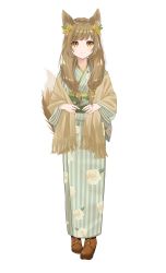 Rule 34 | 1girl, animal ears, blush, brown eyes, brown footwear, brown hair, closed mouth, commentary request, copyright request, floral print, flower, fox ears, fox girl, fox tail, fringe trim, full body, green kimono, hair flower, hair ornament, highres, indie virtual youtuber, japanese clothes, kimono, long hair, myusha, obi, print kimono, sash, shawl, simple background, smile, solo, standing, striped clothes, striped kimono, tail, vertical-striped clothes, vertical-striped kimono, virtual youtuber, white background