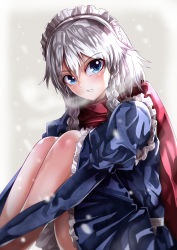 Rule 34 | 1girl, absurdres, adapted costume, blouse, blue eyes, blue shirt, blue skirt, blurry, blush, braid, commentary request, depth of field, feet out of frame, frilled skirt, frills, from side, grey background, grey hair, hair between eyes, highres, hugging own legs, izayoi sakuya, juliet sleeves, long sleeves, looking at viewer, looking to the side, mahoro (minase mahoro), maid headdress, medium hair, open mouth, puffy sleeves, red scarf, scarf, shirt, simple background, skirt, solo, teeth, touhou, twin braids, winter clothes