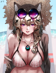 Rule 34 | 1girl, :p, absurdres, animal ear fluff, animal ears, arknights, bikini, black-framed eyewear, blonde hair, braid, breasts, brown hat, cleavage, collarbone, eyewear on head, hair ornament, hairclip, half-closed eyes, hat, highres, jewelry, large breasts, long hair, looking at viewer, naughty face, necklace, off shoulder, official alternate costume, open clothes, parted lips, purple-tinted eyewear, purple eyes, side braid, single bare shoulder, solo, straw hat, striped bikini, striped clothes, sunglasses, swimsuit, tinted eyewear, tongue, tongue out, upper body, utage (arknights), utage (summer flowers) (arknights), vertical-striped bikini, vertical-striped clothes, white bikini, x hair ornament, yuukiey