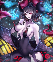 Rule 34 | 1girl, alternate costume, bare shoulders, black dress, black hair, blunt bangs, breasts, breasts apart, collarbone, cowboy shot, cyicheng, dress, fate/grand order, fate (series), gradient hair, katsushika hokusai (fate), katsushika hokusai (third ascension) (fate), lipstick, looking at viewer, makeup, medium breasts, multicolored hair, no bra, no panties, pale skin, parted lips, pink eyes, revealing clothes, short hair, solo, tentacles, wavy hair