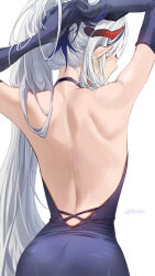 Rule 34 | 1girl, adjusting hair, artist name, back, backless dress, backless outfit, blue archive, blue dress, blue gloves, blue hair, commentary, demon horns, dress, earrings, elbow gloves, facing viewer, from behind, glint, gloves, grey hair, haruri, highres, horns, jewelry, makoto (blue archive), makoto (dress) (blue archive), median furrow, pointy ears, shoulder blades, simple background, solo, white background
