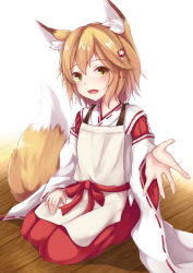 Rule 34 | 1girl, :d, animal ear fluff, animal ears, apron, blush, brown apron, brown eyes, brown hair, commentary request, fang, flower, fox ears, fox girl, fox tail, hair between eyes, hair flower, hair ornament, hakama, hakama skirt, highres, japanese clothes, kashiwagi yamine, kimono, long hair, long sleeves, looking at viewer, md5 mismatch, open mouth, red flower, red hakama, resolution mismatch, ribbon-trimmed sleeves, ribbon trim, seiza, senko (sewayaki kitsune no senko-san), sewayaki kitsune no senko-san, sitting, skirt, sleeves past wrists, smile, solo, source smaller, tail, white kimono, wide sleeves, wooden floor