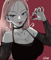 Rule 34 | 1girl, absurdres, black choker, black shirt, bra strap, breasts, bright pupils, choker, collarbone, drawn wings, food, forehead, fruit, hair behind ear, hair strand, highres, holding, holding food, holding fruit, jewelry, large breasts, looking at viewer, multiple rings, off-shoulder shirt, off shoulder, original, purple eyes, red background, ring, saliva, shirt, solo, strawberry, terano haruma, tongue, tongue out, upper body, white pupils
