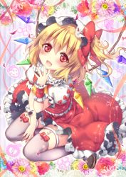 Rule 34 | 1girl, blonde hair, blush, flandre scarlet, flower, garter straps, grey thighhighs, hand to own mouth, hat, open mouth, red eyes, riichu, sitting, solo, thigh strap, thighhighs, touhou, wariza, wings, wrist cuffs