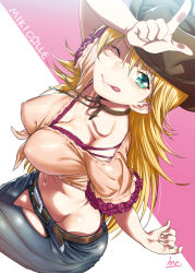 Rule 34 | 1girl, :p, ;p, belt, blonde hair, blue eyes, breasts, chaps, cleavage, covered navel, cowboy hat, cowboy western, from above, groin, hat, hoshii miki, idolmaster, idolmaster (classic), inu (aerodog), large breasts, looking at viewer, midriff, one eye closed, panties, pants, panty peek, purple panties, sitting, solo, tongue, tongue out, underwear, wink