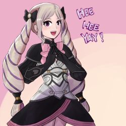 Rule 34 | 1girl, armor, black gloves, blonde hair, blush, bow, commentary, cowboy shot, cryopon, dress, drill hair, earrings, elise (fire emblem), eyelashes, fire emblem, fire emblem fates, gloves, hair bow, hair ribbon, highres, jewelry, long hair, looking at viewer, nintendo, open mouth, own hands together, purple eyes, ribbon, smile, solo, teeth, text focus, twin drills, twintails, two-tone background, very long hair