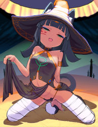 Rule 34 | 1girl, :d, animal ear fluff, animal ears, aqua eyes, armlet, bandaged leg, bandages, bare shoulders, black hair, black panties, blunt bangs, blush, breasts, cat ears, cat tail, clothes lift, collar, dark-skinned female, dark skin, egyptian, egyptian clothes, eyeliner, facial mark, hat, hayanye, highres, kneeling, lifted by self, loincloth, long hair, looking at viewer, makeup, mesugaki, navel, open mouth, original, paid reward available, panties, pelvic curtain, pelvic curtain lift, see-through, side-tie panties, small breasts, smile, smug, solo, tail, underwear, witch hat