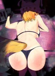 Rule 34 | 1girl, alternate costume, animal ears, animal hat, ass, back, bikini, black bikini, blonde hair, blush, breasts, feet out of frame, fox ears, fox girl, fox tail, from behind, hat, highres, large breasts, looking at viewer, looking back, mob cap, on table, semotaretare, short hair, solo, spanked, sweat, swimsuit, table, tail, touhou, yakumo ran