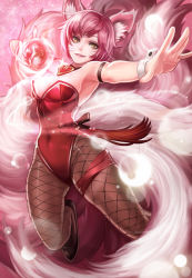 Rule 34 | 1girl, ahri (league of legends), alternate costume, alternate hair length, alternate hairstyle, animal ears, breasts, choker, cleavage, earrings, goomrrat, heart, highres, jewelry, league of legends, necklace, pantyhose, pink hair, short hair, thigh strap, yellow eyes
