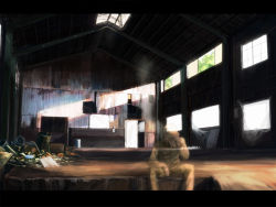 Rule 34 | 1boy, building, ghost, hat, indoors, interior, letterboxed, male focus, old, old man, original, ruins, scenery, solo, sunlight, transparent, trash, warehouse, window, you (shimizu)