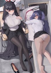 Rule 34 | 2girls, absurdres, ass, bannou ippoutsukou, bare legs, black pantyhose, black skirt, blue archive, blunt bangs, blush, breasts, commentary, couch, doodle sensei (blue archive), from above, hair ornament, halo, high heels, highres, large breasts, long hair, long sleeves, looking at viewer, looking back, miniskirt, multiple girls, open mouth, panties, pantyhose, parted lips, pleated skirt, red eyes, rio (blue archive), sensei (blue archive), shirt, shirt tucked in, shoes, sitting, skirt, soles, sweater, symbol-only commentary, thighs, turtleneck, turtleneck sweater, two side up, underwear, unworn shoes, very long hair, white panties, white shirt, white sweater, yuuka (blue archive)