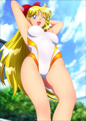 Rule 34 | 1girl, absurdres, aino minako, armpits, arms behind head, bishoujo senshi sailor moon, blonde hair, blue eyes, breasts, cloud, competition swimsuit, earrings, female focus, from below, hair ribbon, happy, highres, jewelry, large breasts, legs, long hair, looking at viewer, one-piece swimsuit, one eye closed, open mouth, ribbon, sailor venus, sky, smile, solo, standing, sweat, swimsuit, thighs, wink, yadokari genpachirou