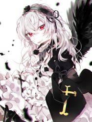 Rule 34 | 1girl, bad id, bad pixiv id, black wings, feathered wings, hairband, looking at viewer, piyo (ppotatto), red eyes, rozen maiden, smile, solo, suigintou, white hair, wings
