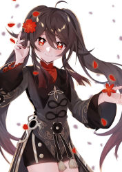 Rule 34 | 1girl, absurdres, ahoge, black hair, black nails, blurry, chinese clothes, commentary request, depth of field, falling petals, flower, genshin impact, hair between eyes, hair ornament, hat, hat flower, highres, hu tao (genshin impact), jewelry, long hair, long sleeves, looking at viewer, nail polish, petals, red eyes, revision, ring, short shorts, shorts, sidelocks, simple background, smile, solo, sushi 171, twintails, white background