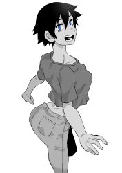Rule 34 | 1girl, :o, absurdres, ass, black hair, blue eyes, greyscale, hair between eyes, highres, kantoqyoiko, looking at viewer, looking back, monochrome, original, pants, shirt, short hair, short sleeves, simple background, solo, spot color, standing, tomboy, white background