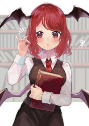 Rule 34 | 1girl, :o, absurdres, bat wings, black skirt, black vest, bob cut, book, bookshelf, breasts, commentary, cowboy shot, hand up, head wings, highres, holding, holding book, holding own hair, indoors, koakuma, long sleeves, looking at viewer, looking to the side, medium breasts, medium hair, necktie, niseneko (mofumofu ga ienai), open mouth, red eyes, red hair, red necktie, skirt, solo, swept bangs, touhou, vest, wing collar, wings
