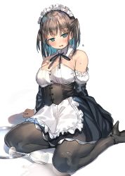 Rule 34 | 1girl, absurdres, apron, bare shoulders, black footwear, black pantyhose, black skirt, blue eyes, blue hair, blush, breasts, brown hair, commentary request, cup, detached sleeves, drinking glass, frilled apron, frills, high heels, highres, layered sleeves, long sleeves, maid headdress, multicolored hair, original, pantyhose, parted lips, puffy short sleeves, puffy sleeves, ranf, shadow, shoes, short over long sleeves, short sleeves, sitting, skirt, small breasts, solo, spill, two-tone hair, two side up, waist apron, wavy mouth, white apron, white background, wine glass, yokozuwari