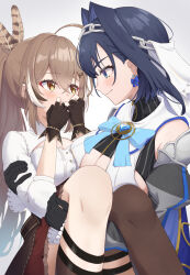 Rule 34 | 2girls, ahoge, asymmetrical legwear, black gloves, black shirt, blue cape, blue eyes, blue hair, blush, bow, bow earrings, breasts, brooch, brown hair, cape, carrying, chahanramen, chain headband, cleavage cutout, clothing cutout, colored inner hair, commentary request, covering own mouth, crop top, detached sleeves, double-parted bangs, earrings, embarrassed, feather hair ornament, feathers, frilled sleeves, frills, gloves, hair between eyes, hair flaps, hair intakes, hair ornament, hairclip, heart, heart-shaped gem, heart brooch, highres, hololive, hololive english, huge breasts, jewelry, juliet sleeves, kneehighs, long hair, long sleeves, looking at another, medium breasts, miniskirt, multicolored hair, multiple girls, nanashi mumei, nanashi mumei (1st costume), ouro kronii, ouro kronii (1st costume), partially fingerless gloves, pinstripe pattern, pinstripe shirt, pleated skirt, ponytail, princess carry, puffy sleeves, red skirt, sailor collar, shirt, short hair, simple background, single kneehigh, single sock, single thighhigh, skirt, sleeveless, sleeveless shirt, smile, socks, streaked hair, thighhighs, virtual youtuber, white background, white sailor collar, white shirt, white veil, yellow eyes, yuri, zipper