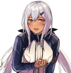 Rule 34 | 1girl, 3 small spiders, blush, dark-skinned female, dark skin, girls&#039; frontline, hair ornament, hairclip, highres, leaning forward, long hair, looking at viewer, m590 (girls&#039; frontline), open mouth, orange eyes, silver hair, smile, solo, tactical clothes, upper body, white background