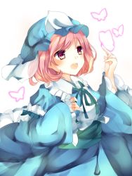 Rule 34 | 1girl, :d, bad id, bad twitter id, blue hat, blue ribbon, blush, breasts, bug, butterfly, hand up, hat, highres, insect, karasusou nano, long sleeves, medium breasts, mob cap, neck ribbon, open mouth, pink hair, purple eyes, ribbon, saigyouji yuyuko, sash, short hair, simple background, smile, solo, touhou, triangular headpiece, upper body, white background, wide sleeves