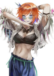 Rule 34 | 1girl, absurdres, aiv, arms up, bandeau, breasts, cleavage, colored inner hair, commentary request, cowboy shot, glasses, highres, medium breasts, midriff, multicolored hair, navel, orange hair, original, purple eyes, purple hair, short hair, short sleeves, simple background, solo, standing, stomach, strapless, tube top, white background