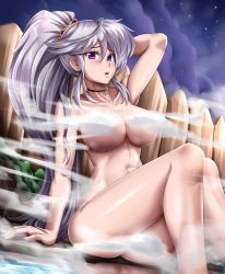 Rule 34 | 1girl, arm up, breasts, censored, censored nipples, convenient censoring, fire emblem, fire emblem: genealogy of the holy war, fire emblem heroes, highres, ishtar (fire emblem), jewelry, large breasts, necklace, nintendo, nude, onsen, purple hair, shiny skin, side ponytail, sitting, solo, steam, steam censor, vilde loh hocen, wet