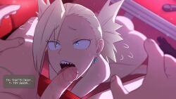 Rule 34 | 1boy, 1girl, ^^^, absurdres, all fours, ass, bite mark, blonde hair, blue eyes, blurry, boku no hero academia, commentary, completely nude, depth of field, dutch angle, earrings, english commentary, english text, fellatio, foreshortening, foreskin, greatm8, hands up, hetero, highres, indoors, jewelry, looking at viewer, looking up, microphone, nakagame tatami, nude, oral, penis, photoshop (medium), pov, saliva, saliva trail, sanpaku, sharp teeth, sitting, source filmmaker (medium), speech bubble, table, teeth, tongue, tongue out, twintails