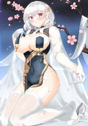 Rule 34 | 1girl, absurdres, azur lane, between breasts, braid, breast curtains, breasts, cape, cherry blossoms, covered erect nipples, covered navel, flower, gloves, grey hair, hair flower, hair ornament, high heels, highres, kijipe, large breasts, pelvic curtain, revealing clothes, rose, sideboob, single braid, sirius (azur lane), sirius (azure horizons) (azur lane), sirius (warship girls r), thighhighs, thighs, white cape, white gloves, white thighhighs