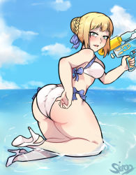 Rule 34 | 1girl, artist name, artoria pendragon (all), artoria pendragon (fate), artoria pendragon (swimsuit archer) (fate), ass, beach, bikini, fate/grand order, fate (series), female focus, hair ornament, holding, looking at viewer, navel, open mouth, saber (fate), sieroo, signature, smile, solo, swimsuit, water, water gun