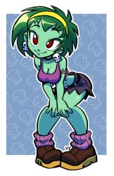 Rule 34 | 1girl, absurdres, belt, black footwear, boots, breasts, cleavage, colored skin, commentary, crop top, earrings, english commentary, full body, green hair, green skin, hairband, highres, iseenudepeople, jewelry, large breasts, loose socks, purple tank top, rottytops, shantae (series), short shorts, shorts, signature, skull earrings, socks, solo, stitched arm, stitches, tank top, yellow hairband