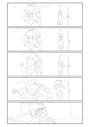 Rule 34 | 10s, 2girls, 5koma, arms up, blush, bow, chair, clenched hands, comic, desk, door, embarrassed, female focus, greyscale, gun to head, hair bow, hair flaps, hair ornament, hair ribbon, hairband, highres, hug, hug from behind, kantai collection, lineart, long hair, looking at another, midriff, mikeco, monochrome, multiple girls, navel, open door, pleated skirt, ponytail, ribbon, running, school uniform, serafuku, short sleeves, side ponytail, silent comic, skirt, sleeveless, stretching, suicide, tank top, turret, uniform, very long hair, walk-in, weapon, white background, window, yura (kancolle), yuubari (kancolle)