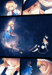 Rule 34 | 2girls, absurdres, alice margatroid, are you my master, blonde hair, blue eyes, braid, fate/stay night, fate (series), female focus, hairband, hat, highres, huge filesize, kirisame marisa, mary janes, multiple girls, oil lamp, scan, shoes, short hair, tears, tenshimuma, tian shi meng mo, touhou, witch, witch hat