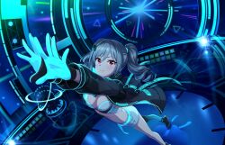 Rule 34 | 1girl, bra, breasts, cleavage, hands up, hood, idolmaster, idolmaster cinderella girls, kanzaki ranko, large breasts, official art, revealing clothes, thighs, underwear