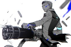 Rule 34 | 1boy, android, armband, blood, blood on face, blood on hands, blue blood, casing ejection, character request, clothes writing, detroit: become human, firing, floating clothes, from behind, gatling gun, gun, hari1000bom, holding, holding gun, holding weapon, jacket, long sleeves, looking to the side, machine gun, male focus, monochrome, motion blur, parted lips, shell casing, short hair, solo, spot color, upper body, weapon