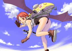 Rule 34 | 1girl, ass, bicycle, black one-piece swimsuit, boots, bottomless, cloud, day, flying, gloves, hanainu (orange bullet), headset, leather, legs, looking back, machine, one-piece swimsuit, red eyes, red hair, salute, school swimsuit, sky, solo, strap, swimsuit, swimsuit under clothes, waving, wings