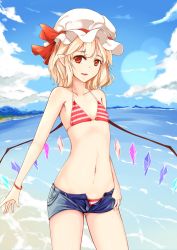 Rule 34 | 1girl, absurdres, bad id, bad pixiv id, bikini, blue sky, cloud, cloudy sky, cowboy shot, day, flandre scarlet, flat chest, hat, hat ribbon, highres, lens flare, looking at viewer, mob cap, mu yan, navel, outdoors, pointy ears, red bikini, red ribbon, ribbon, short shorts, shorts, skirt, sky, smile, striped bikini, striped clothes, swimsuit, touhou, water, wings