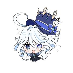Rule 34 | 1girl, ascot, black ascot, blue bow, blue eyes, blue gemstone, blue hair, blue hat, blush stickers, bow, crying, furina (genshin impact), gem, genshin impact, gold trim, hat, hat bow, head only, highres, kn 9620, multicolored hair, open mouth, simple background, solo, streaked hair, top hat, white background, white hair