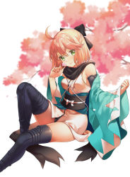 Rule 34 | 1girl, ahoge, bad id, bad pixiv id, bare shoulders, black bow, bow, branch, breasts, closed mouth, commentary request, fate/grand order, fate (series), flower, green eyes, hair between eyes, hair bow, haori, holding, holding flower, japanese clothes, kimono, koha-ace, light brown hair, long sleeves, looking at viewer, medium breasts, okita souji (fate), okita souji (koha-ace), pink flower, shiosoda, short kimono, simple background, sitting, sleeveless, sleeveless kimono, smile, solo, white background, white kimono, wide sleeves
