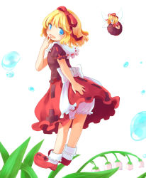 Rule 34 | 1girl, blonde hair, bloomers, blouse, blue eyes, bobby socks, bow, dress, floating, flower, hair ribbon, hand on own face, head tilt, leaf, lily of the valley, looking at viewer, looking back, medicine melancholy, mito tsubaki, open mouth, puffy short sleeves, puffy sleeves, ribbon, shirt, short hair, short sleeves, simple background, skirt, socks, solo, su-san, touhou, underwear, water drop, white background, wings