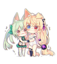 Rule 34 | 2girls, animal ear fluff, animal ears, art556 (girls&#039; frontline), bad id, bad pixiv id, bare shoulders, barefoot, black gloves, black legwear, blonde hair, blue eyes, blush, bow, brown eyes, cat ears, chibi, closed mouth, collarbone, commentary request, foreign blue, g41 (beach punk 2064) (girls&#039; frontline), g41 (girls&#039; frontline), girls&#039; frontline, gloves, green bow, green hair, green skirt, hair between eyes, hair bow, hair ornament, heterochromia, holding hands, interlocked fingers, korean commentary, long hair, miniskirt, multiple girls, name tag, no shoes, official alternate costume, old school swimsuit, one-piece swimsuit, parted lips, plaid, plaid bow, plaid skirt, pleated skirt, red eyes, school swimsuit, simple background, skirt, standing, swimsuit, tears, thighhighs, toeless legwear, trembling, twintails, very long hair, wavy mouth, white background, white bow, white gloves, white legwear, white one-piece swimsuit, white school swimsuit