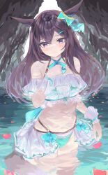 Rule 34 | 1girl, absurdres, animal ears, bare shoulders, blush, brown hair, commentary request, hair ornament, hairclip, highres, horse ears, horse girl, long hair, looking at viewer, mejiro dober (umamusume), partially submerged, purple eyes, smile, solo, swimsuit, tsurubami (gaad5227), umamusume