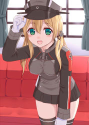Rule 34 | 10s, 1girl, :d, adjusting clothes, adjusting headwear, anchor choker, anchor hair ornament, black skirt, black thighhighs, blonde hair, blush, buttons, couch, cross, curtains, gloves, green eyes, hair between eyes, hair ornament, hat, ikeda yuuki, indoors, iron cross, kantai collection, leaning forward, long hair, long sleeves, looking at viewer, military, military uniform, miniskirt, open mouth, peaked cap, pleated skirt, prinz eugen (kancolle), skirt, smile, solo, standing, thighhighs, uniform, white gloves, window, zettai ryouiki